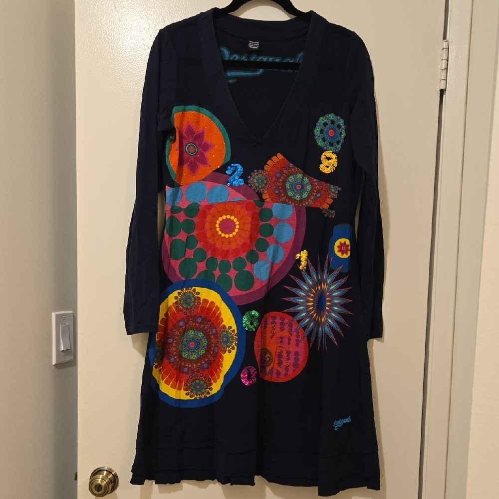 Desigual Sz XL colorbust Dress With Front Sheer Shoulder Area